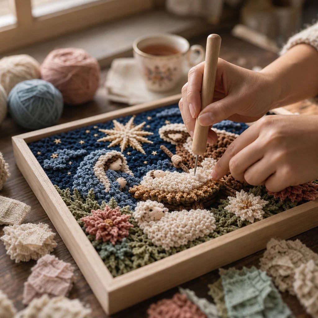 Fabric Art Craft Kit featuring a pre-punched board and wooden tool for creating no-sew religious wall art designs, perfect for crafters and DIY 2