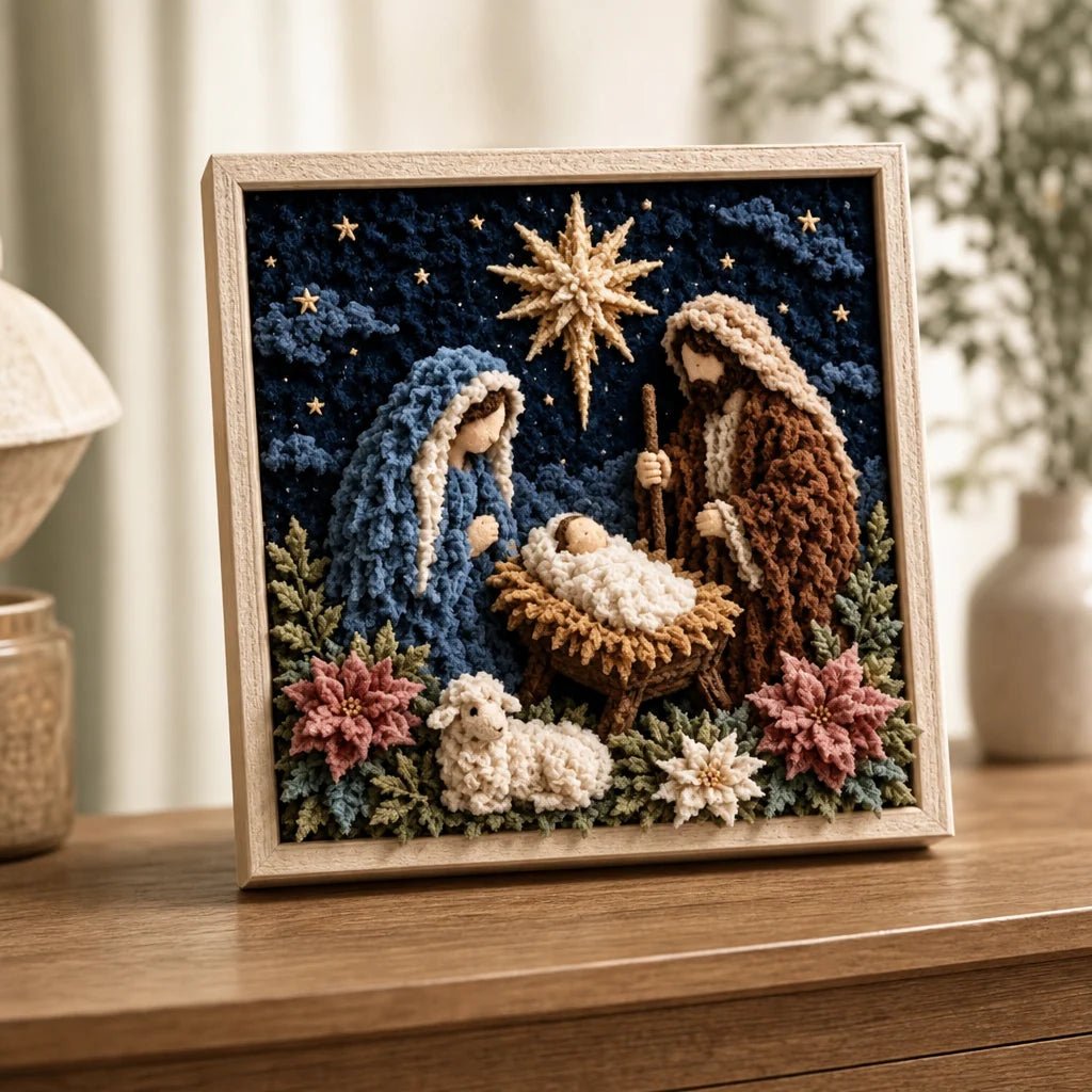 Fabric Art Craft Kit featuring a pre-punched board and wooden tool for creating no-sew religious wall art designs, perfect for crafters and DIY 1