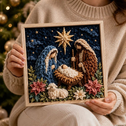 Fabric Art Craft Kit featuring a pre-punched board and wooden tool for creating no-sew religious wall art designs, perfect for crafters and DIY 3