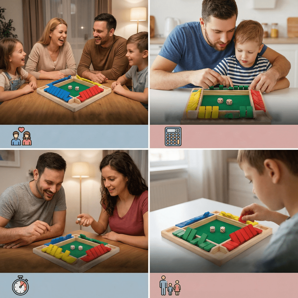 Family strategy board game featuring colorful wooden pieces and dice, designed for enjoyable tabletop play for all ages, promoting strategic thinking and family bonding. 3