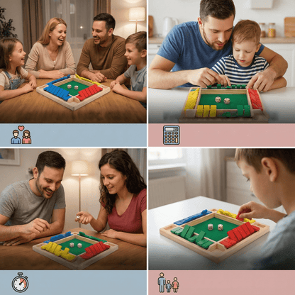 Family strategy board game featuring colorful wooden pieces and dice, designed for enjoyable tabletop play for all ages, promoting strategic thinking and family bonding. 3