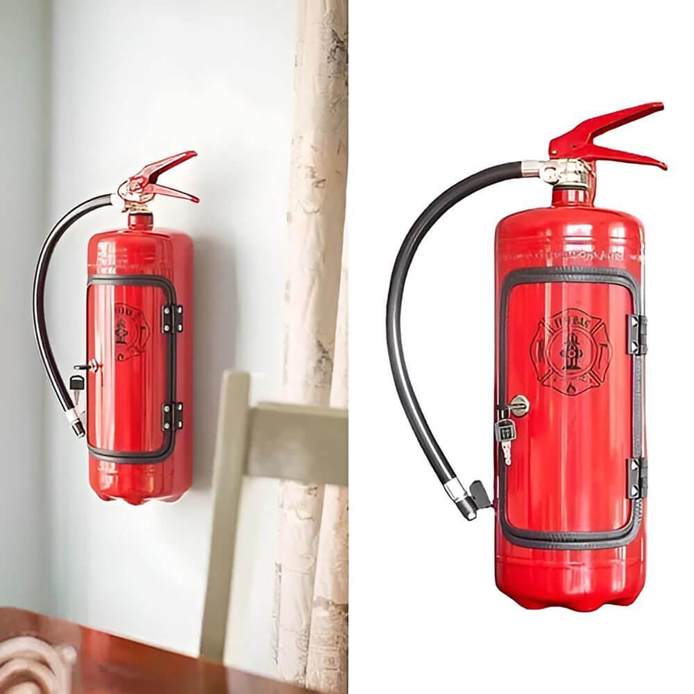 Fire extinguisher-inspired minibar with handmade steel design, featuring a unique modern accent and 8-liter storage capacity. 2