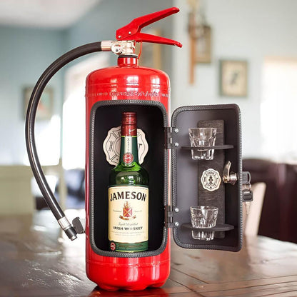 Fire extinguisher-inspired minibar with handmade steel design, featuring a unique modern accent and 8-liter storage capacity. 0