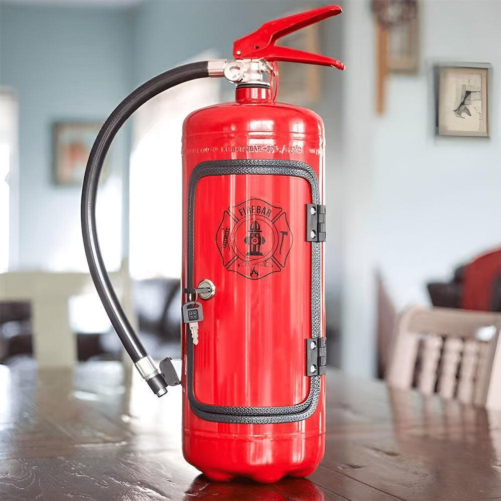 Fire extinguisher-inspired minibar with handmade steel design, featuring a unique modern accent and 8-liter storage capacity. 1