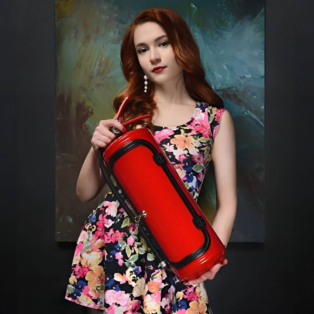 Fire extinguisher-inspired minibar with handmade steel design, featuring a unique modern accent and 8-liter storage capacity. 3