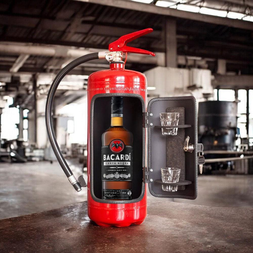 Fire extinguisher-inspired minibar with handmade steel design, featuring a unique modern accent and 8-liter storage capacity. 5