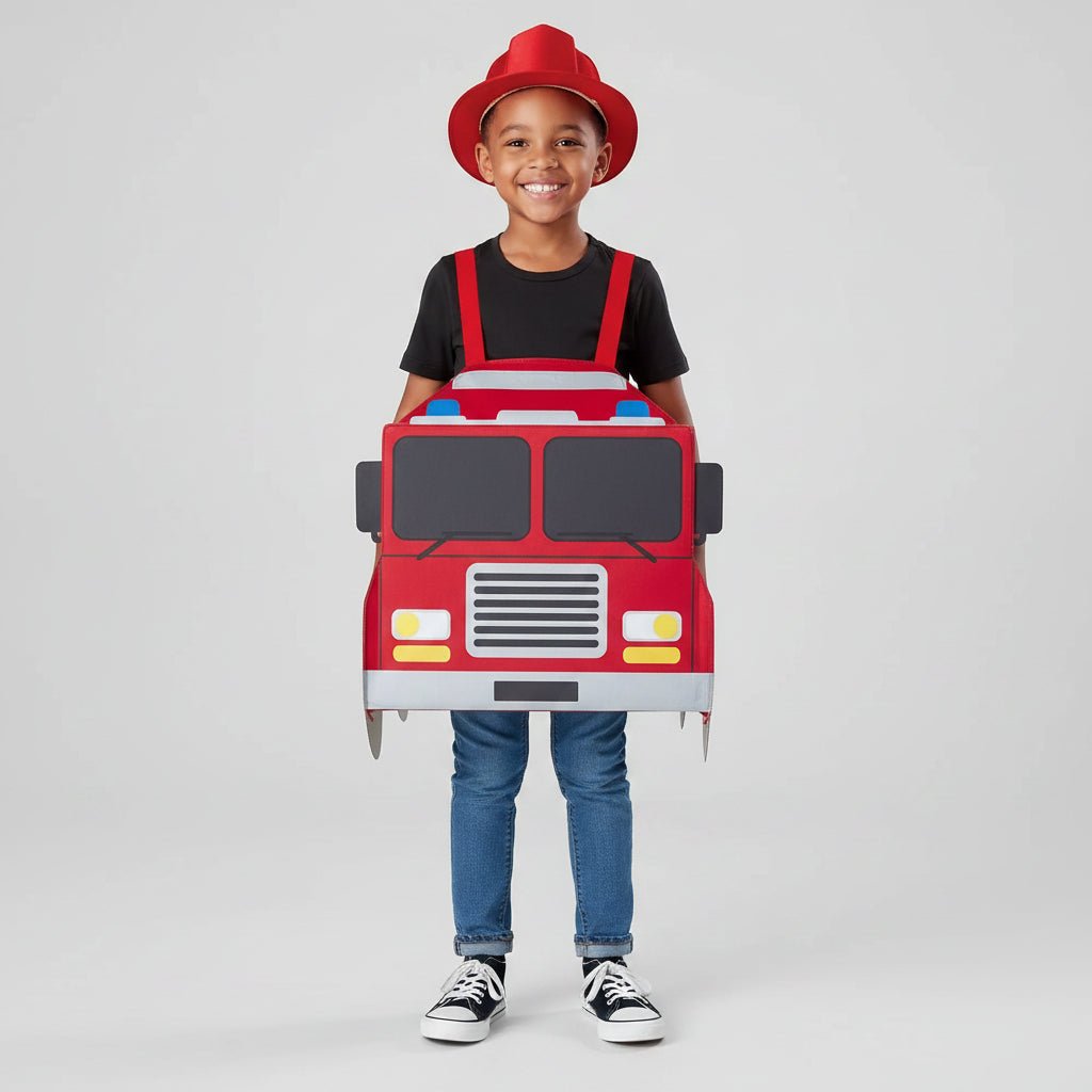 Firefighter costume for kids featuring a hooded coverall design, available in sizes M and XL, ideal for Halloween and dress-up play. 5