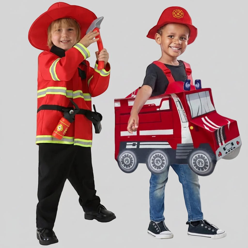 Firefighter costume for kids featuring a hooded coverall design, available in sizes M and XL, ideal for Halloween and dress-up play. 4