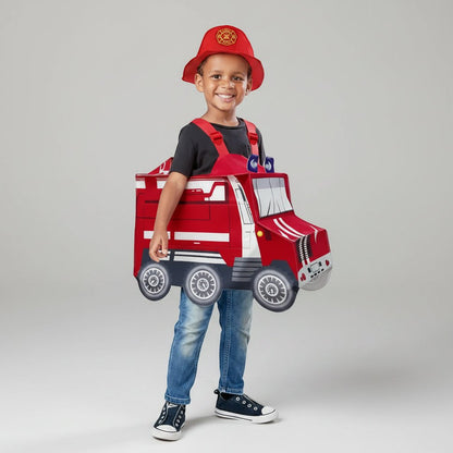 Firefighter costume for kids featuring a hooded coverall design, available in sizes M and XL, ideal for Halloween and dress-up play. 3