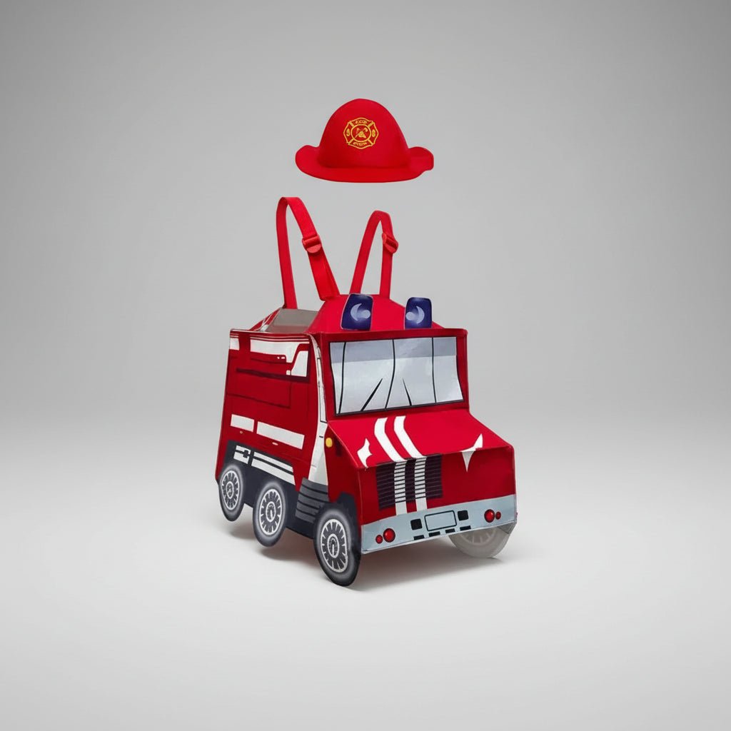 Firefighter costume for kids featuring a hooded coverall design, available in sizes M and XL, ideal for Halloween and dress-up play. 1