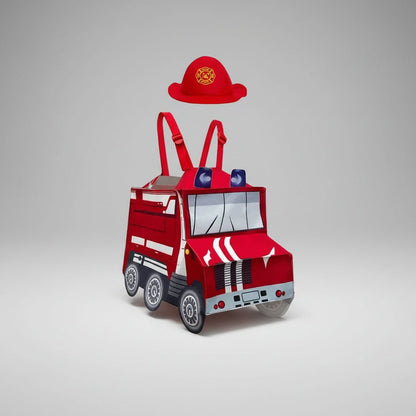 Firefighter costume for kids featuring a hooded coverall design, available in sizes M and XL, ideal for Halloween and dress-up play. 1