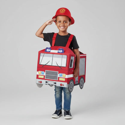 Firefighter costume for kids featuring a hooded coverall design, available in sizes M and XL, ideal for Halloween and dress-up play. 2