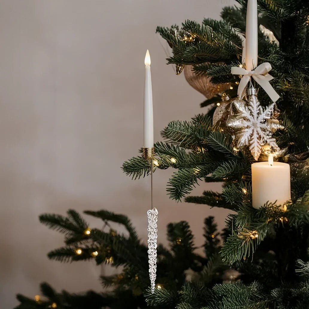 Flameless candle with clip-on crystal design in gold and silver finish, battery-operated, perfect for holiday decor. 3