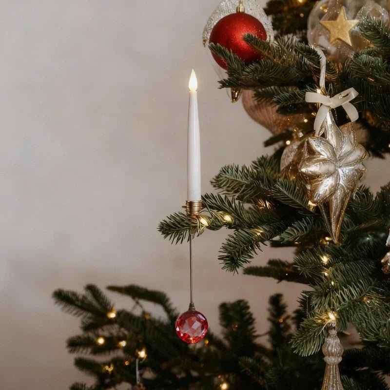 Flameless candle with clip-on crystal design in gold and silver finish, battery-operated, perfect for holiday decor. 2