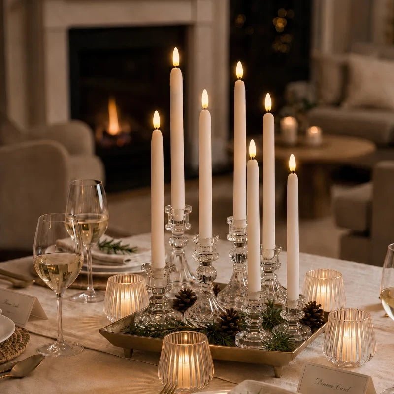 Flameless LED candle tapers for chandelier lighting in slim design, available in customizable finishes, offered in 4, 6, or 10 3