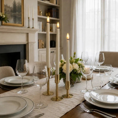 Flameless LED candle tapers for chandelier lighting in slim design, available in customizable finishes, offered in 4, 6, or 10 1