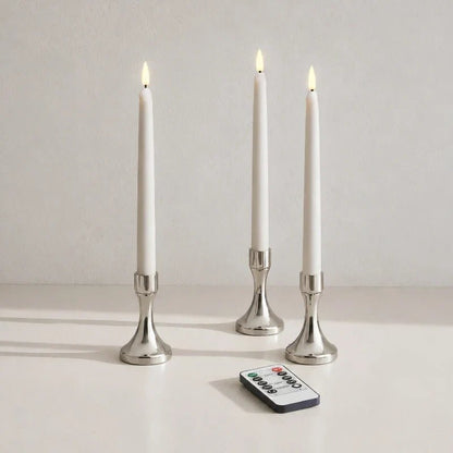 Flameless LED candle tapers for chandelier lighting in slim design, available in customizable finishes, offered in 4, 6, or 10 8