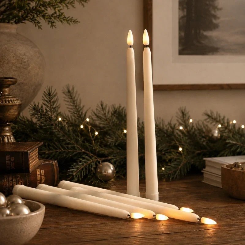 Flameless LED candle tapers for chandelier lighting in slim design, available in customizable finishes, offered in 4, 6, or 10 5