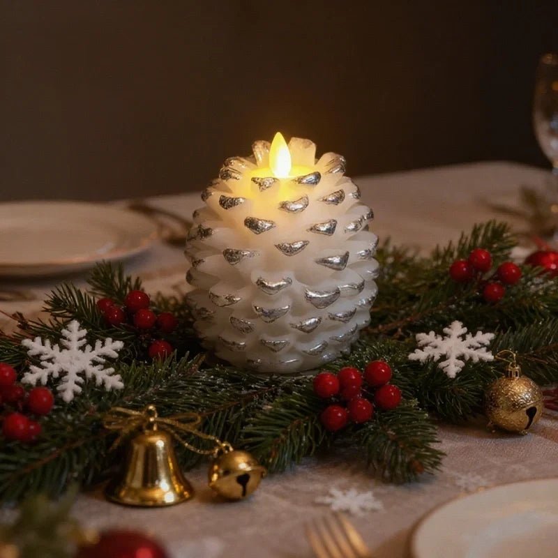 Flameless pinecone candles with natural finishes, featuring LED lights for elegant home decor, sold in a 2 pack. 5