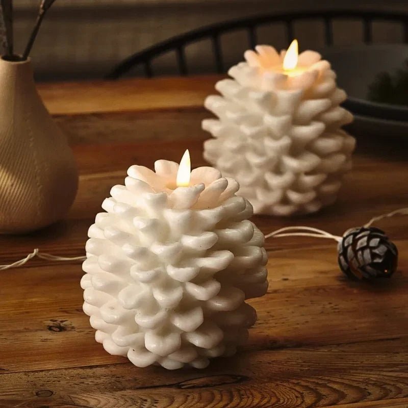 Flameless pinecone candles with natural finishes, featuring LED lights for elegant home decor, sold in a 2 pack. 4