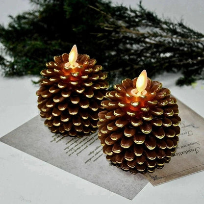 Flameless pinecone candles with natural finishes, featuring LED lights for elegant home decor, sold in a 2 pack. 8