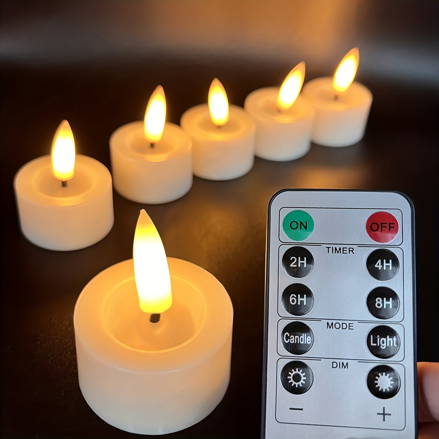 Flameless tealight candles with remote control, dimmable timer, and glitter finish for decorative lighting and ambiance. 1
