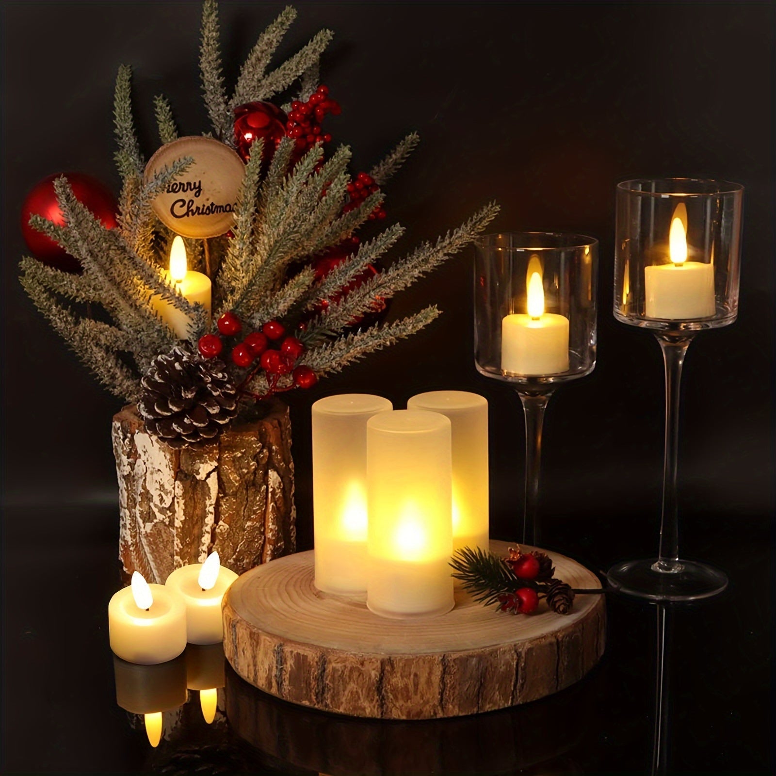 Flameless tealight candles with remote control, dimmable timer, and glitter finish for decorative lighting and ambiance. 5