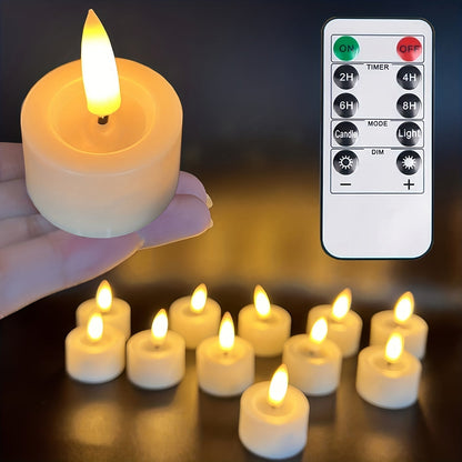 Flameless tealight candles with remote control, dimmable timer, and glitter finish for decorative lighting and ambiance. 4