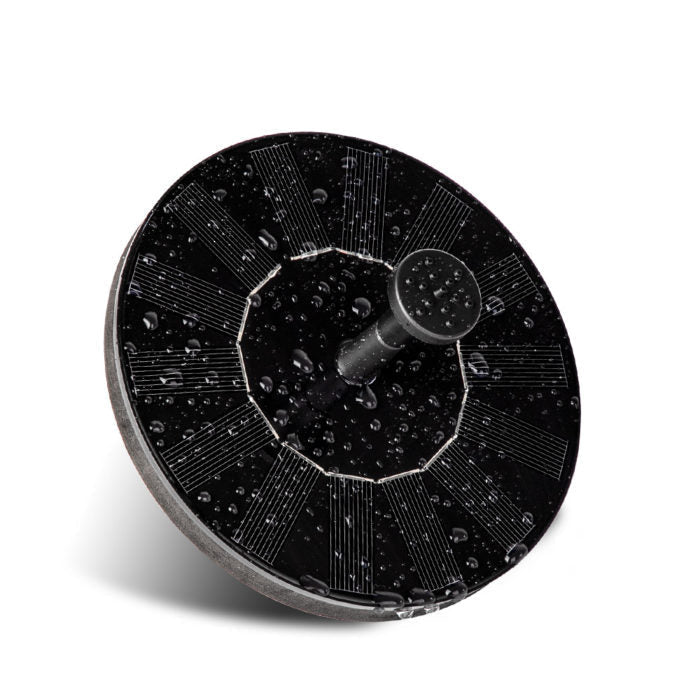 Floating solar fountain designed for garden ponds, featuring interchangeable water jet effects to enhance outdoor aesthetics and attract wildlife. 3