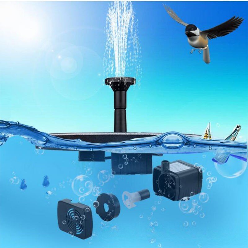 Floating solar fountain designed for garden ponds, featuring interchangeable water jet effects to enhance outdoor aesthetics and attract wildlife. 1