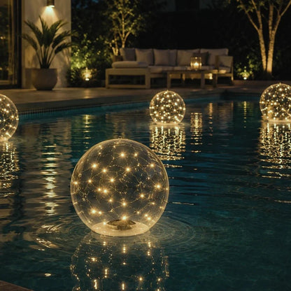 Floating solar lights for garden and pool featuring remote control functionality, available in warm white and multicolor options, perfect for enhancing outdoor ambiance and decor. 0