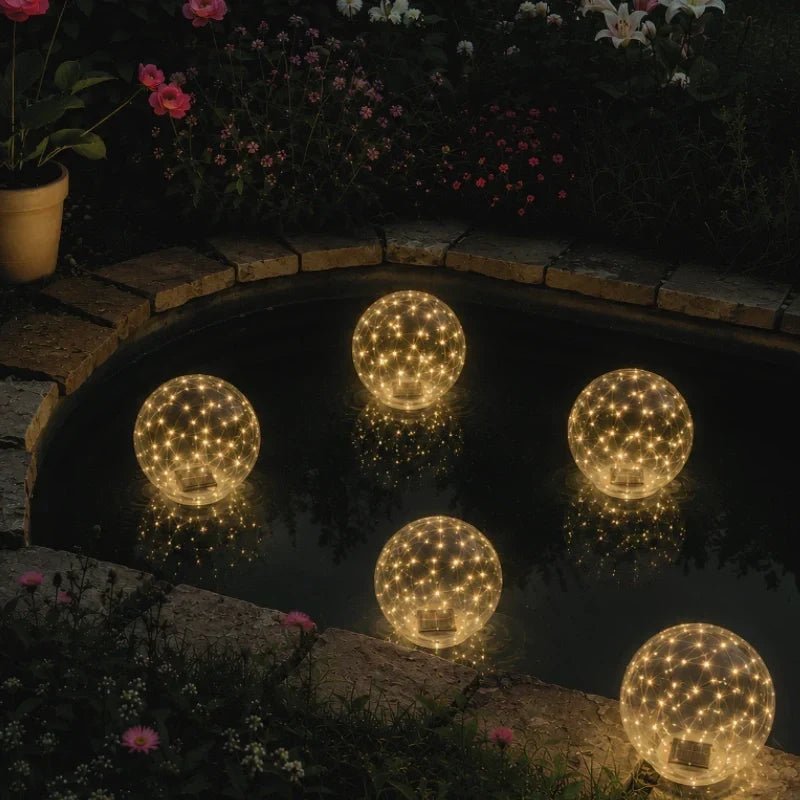 Floating solar lights for garden and pool featuring remote control functionality, available in warm white and multicolor options, perfect for enhancing outdoor ambiance and decor. 2