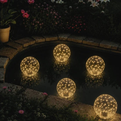 Floating solar lights for garden and pool featuring remote control functionality, available in warm white and multicolor options, perfect for enhancing outdoor ambiance and decor. 2