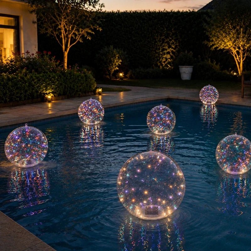 Floating solar lights for garden and pool featuring remote control functionality, available in warm white and multicolor options, perfect for enhancing outdoor ambiance and decor. 4