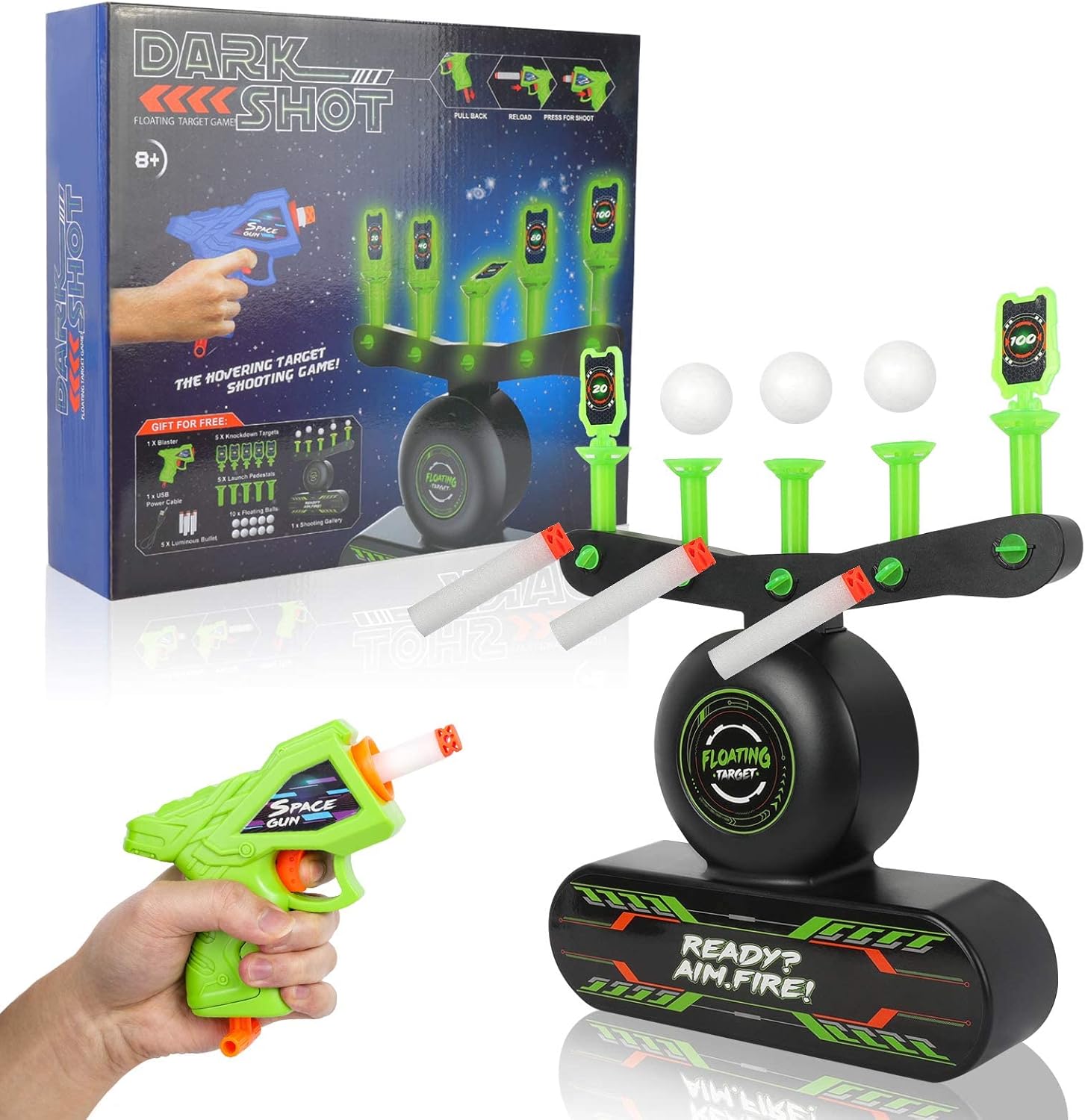 Floating target shooting game featuring glow-in-the-dark targets, adjustable difficulty settings, perfect for indoor and outdoor entertainment for all ages. 1