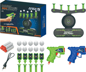Floating target shooting game featuring glow-in-the-dark targets, adjustable difficulty settings, perfect for indoor and outdoor entertainment for all ages. 7
