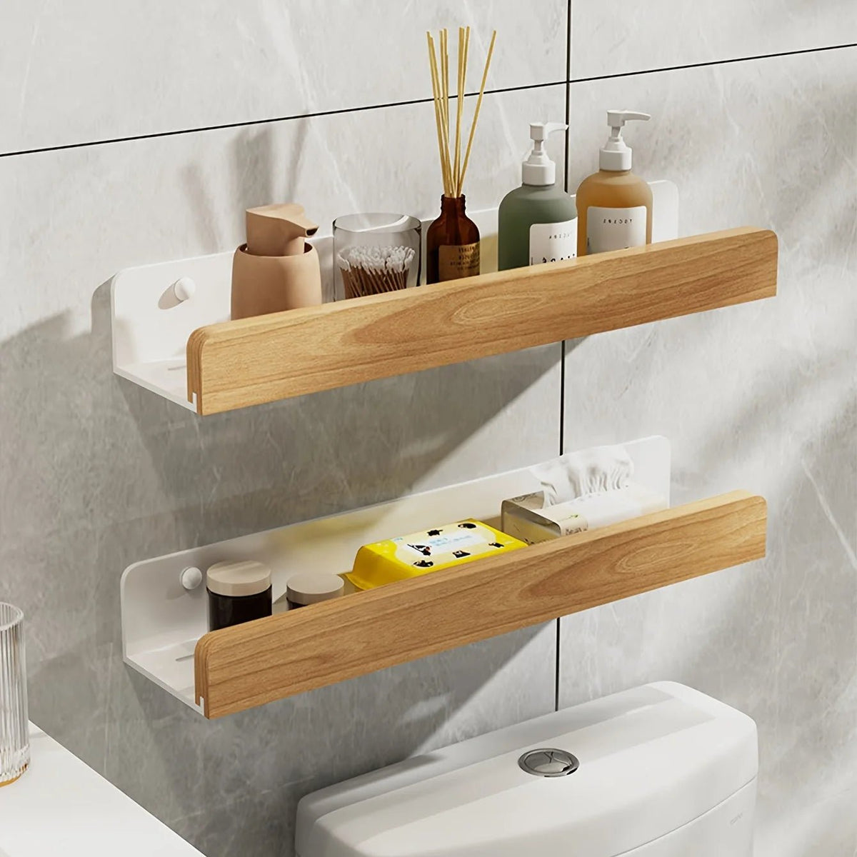 Floating wall shelf featuring a modern wrought iron design, ideal for bathrooms, with easy no-drill installation for convenient and stylish storage. 8