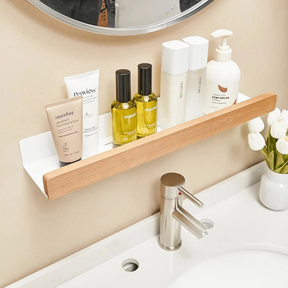 Floating wall shelf featuring a modern wrought iron design, ideal for bathrooms, with easy no-drill installation for convenient and stylish storage. 6