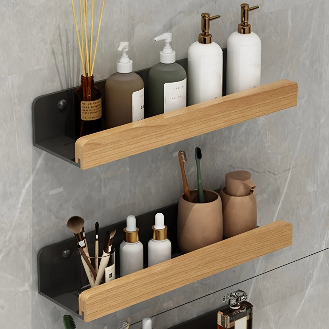 Floating wall shelf featuring a modern wrought iron design, ideal for bathrooms, with easy no-drill installation for convenient and stylish storage. 0