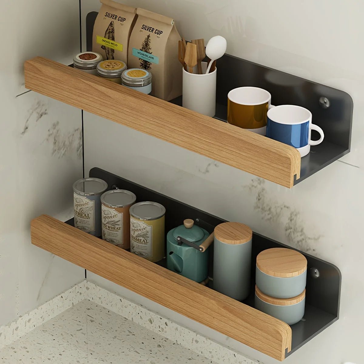 Floating wall shelf featuring a modern wrought iron design, ideal for bathrooms, with easy no-drill installation for convenient and stylish storage. 2