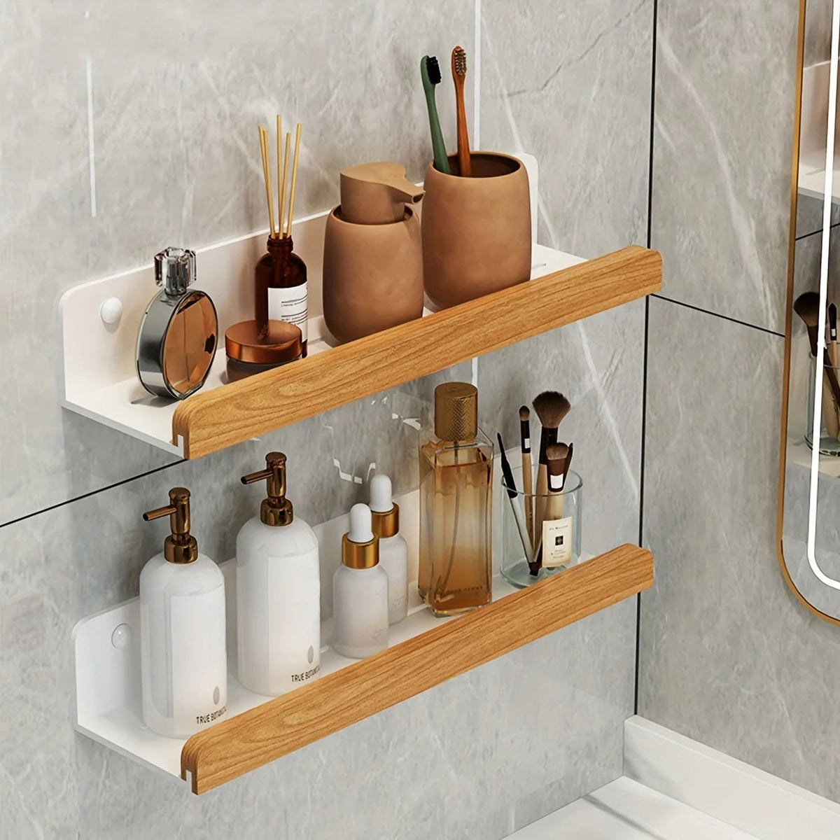 Floating wall shelf featuring a modern wrought iron design, ideal for bathrooms, with easy no-drill installation for convenient and stylish storage. 1