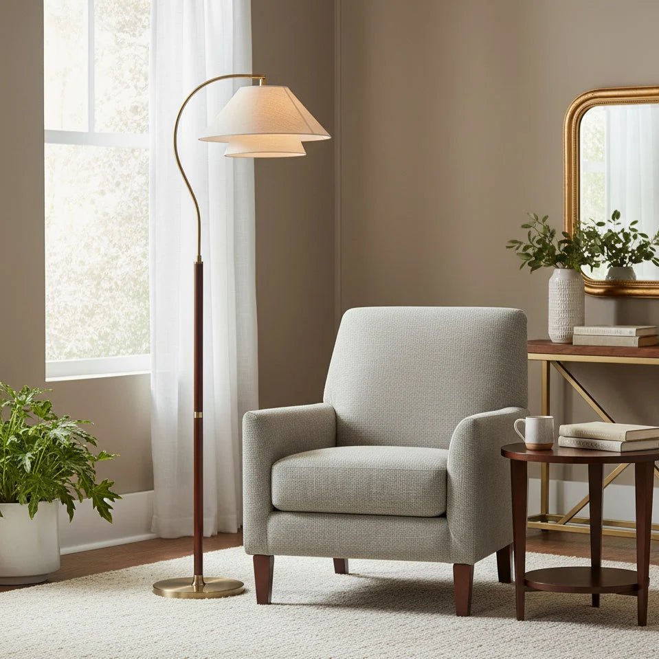 Modern Scandinavian floor lamp featuring layered fabric shades and an elegant arched frame, perfect for stylish home decor and ambient lighting. 7