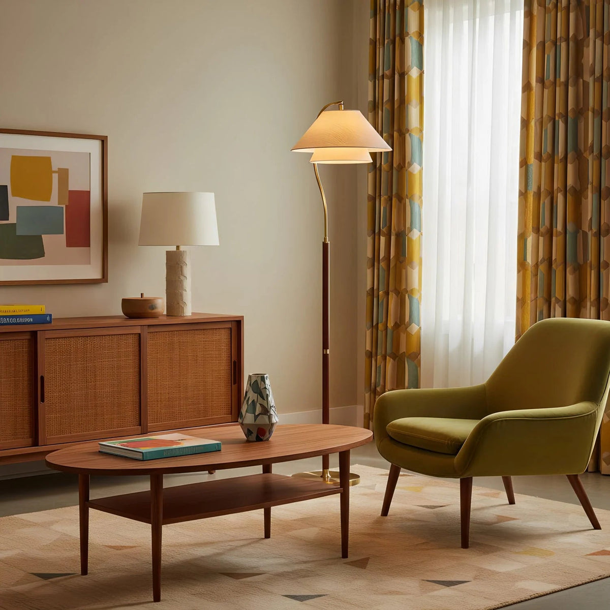 Modern Scandinavian floor lamp featuring layered fabric shades and an elegant arched frame, perfect for stylish home decor and ambient lighting. 4