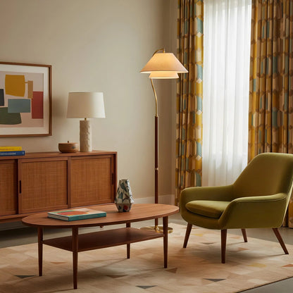 Modern Scandinavian floor lamp featuring layered fabric shades and an elegant arched frame, perfect for stylish home decor and ambient lighting. 4