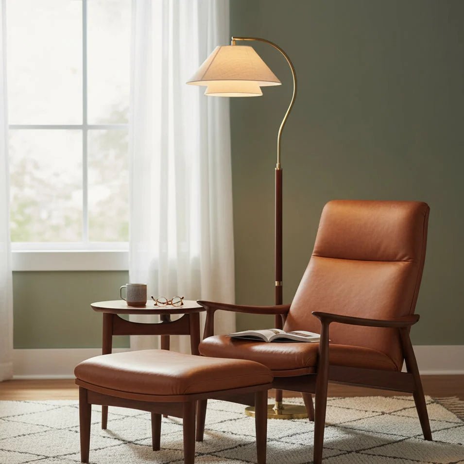 Modern Scandinavian floor lamp featuring layered fabric shades and an elegant arched frame, perfect for stylish home decor and ambient lighting. 5