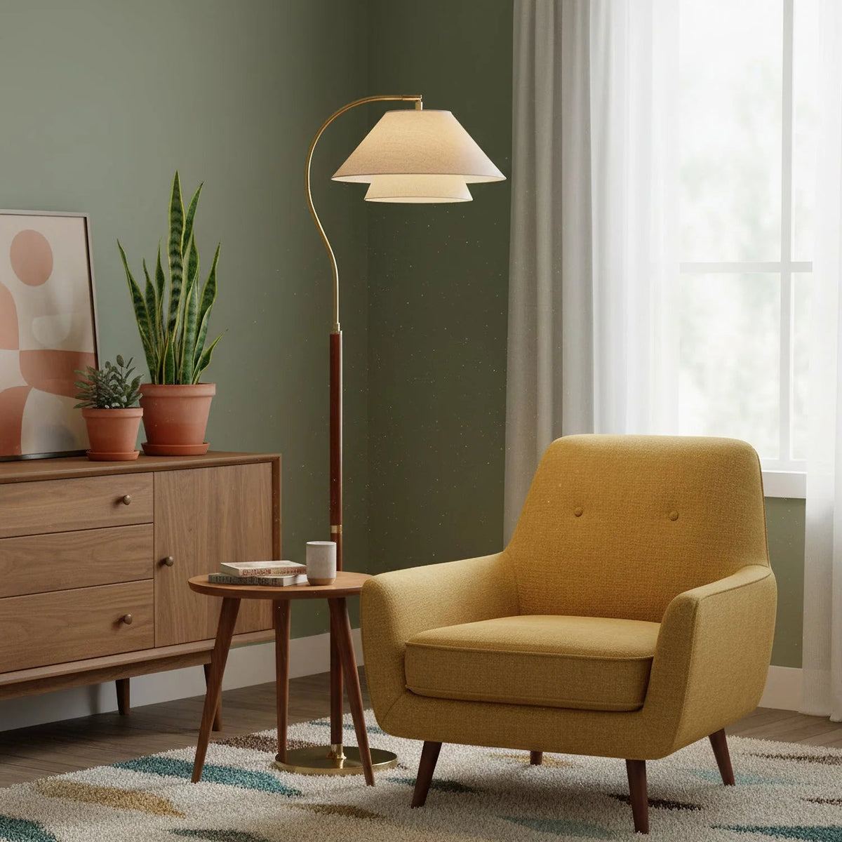 Modern Scandinavian floor lamp featuring layered fabric shades and an elegant arched frame, perfect for stylish home decor and ambient lighting. 8