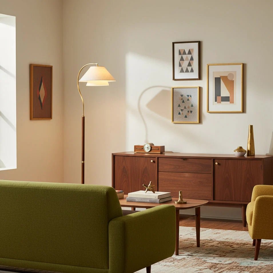 Modern Scandinavian floor lamp featuring layered fabric shades and an elegant arched frame, perfect for stylish home decor and ambient lighting. 6