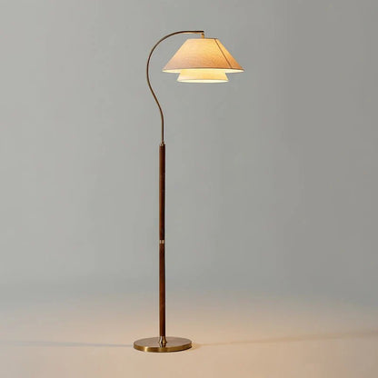 Modern Scandinavian floor lamp featuring layered fabric shades and an elegant arched frame, perfect for stylish home decor and ambient lighting. 0