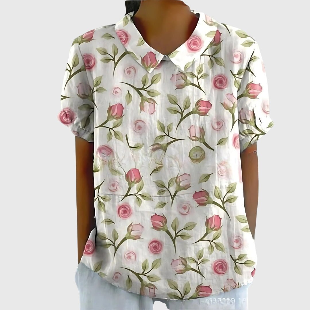 Floral blouse for women featuring a relaxed fit and lightweight fabric, perfect for summer casual wear in plus sizes. 7