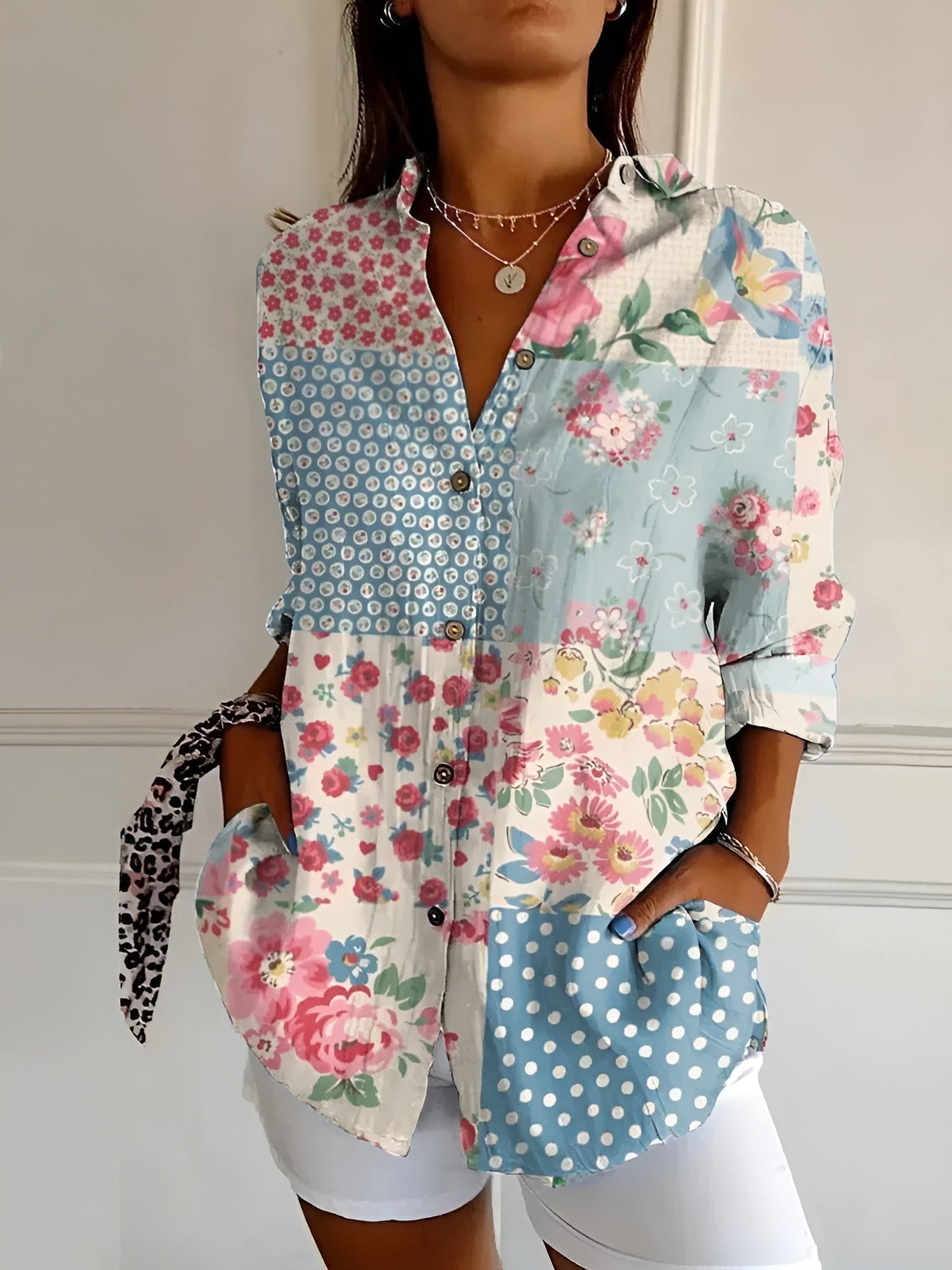 Floral button front blouse featuring an airy fit, perfect for women's summer casual outings. 2